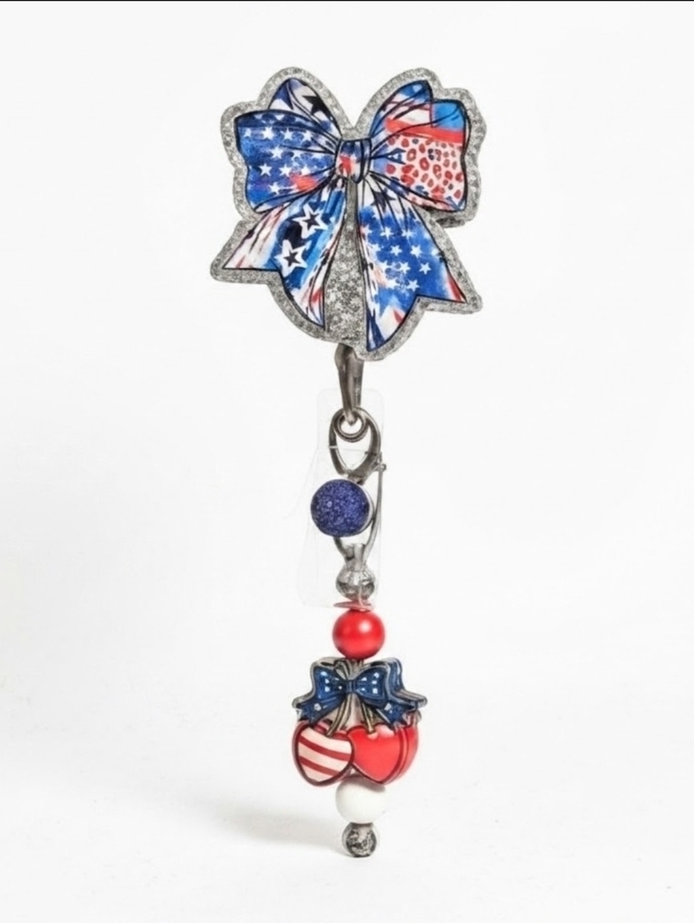 Patriotic Bow Badge Reel‎ Red White Blue Cherries Alligator Clip  Holiday USA